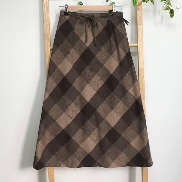  JPN/ 브라운 체크 롱 스커트 울스커트 모리걸치마 모리룩치마 롱스커트