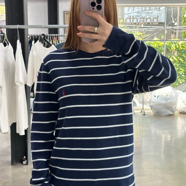 폴로 스트라이프 와플 롱슬리브 네이비