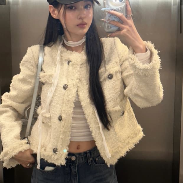 새상품) 카키포인트 트위드 크롭/ 오버핏