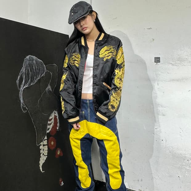 Jpn 일본빈티지 오리엔탈 태국 양면 검빨 스카잔 자켓