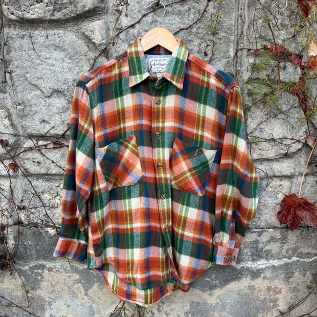 일본 빈티지 멀티 컬러 체크 투포켓 플란넬 셔츠 