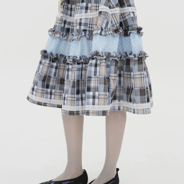 타입서비스 레이스 트림 러플드 체크 스커트 블루 