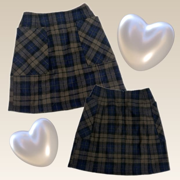 어스뮤직 체크 포켓 포인트 네이비 미니 스커트 라떼갸루 그런지 교복치마