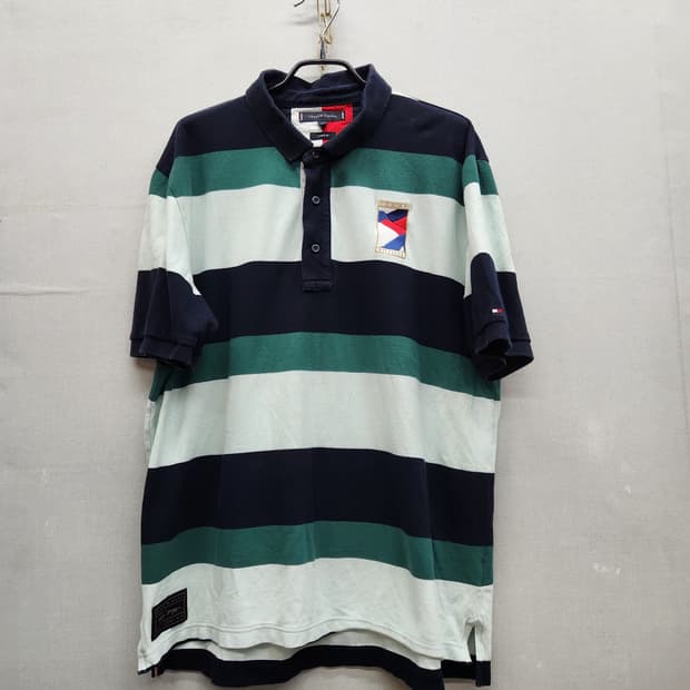 타미힐피거 로고 스트라이프 올드스쿨 반팔카라 XL(XL)