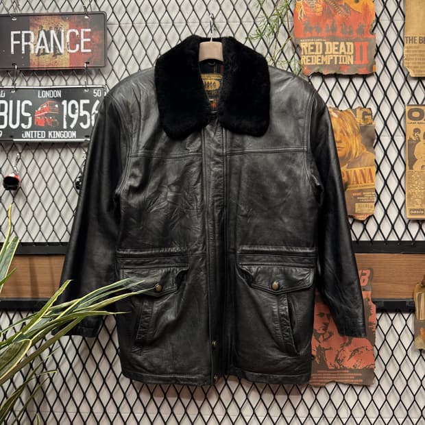 WORLD POLO 빈티지 리얼 레더 퍼카라 자켓 투포켓 포인트 블랙