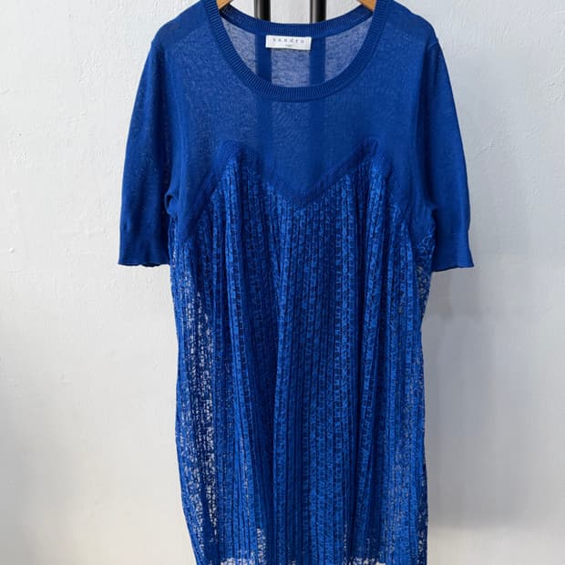 정품) 산드로 블루 레이스 반팔 니트 원피스 2