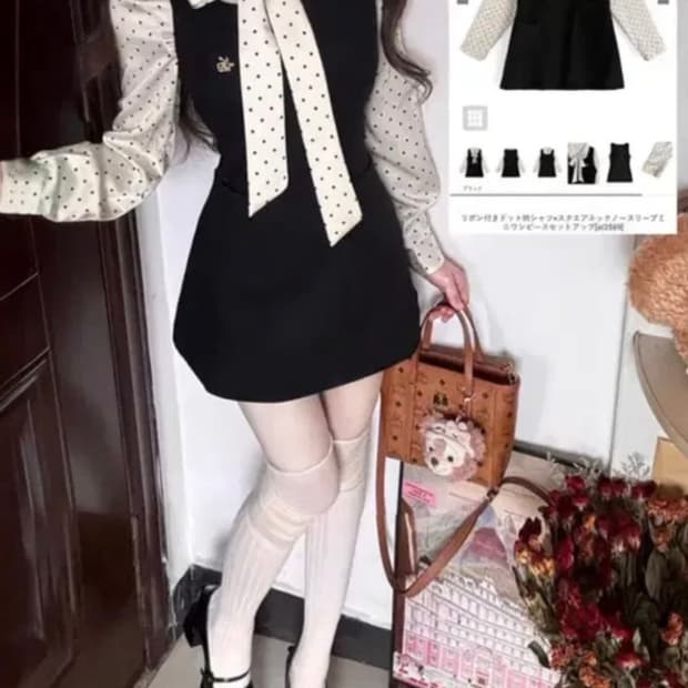 GRL 그레일 리본 도트 무늬 스퀘어 넥 미니 원피스 셋업 