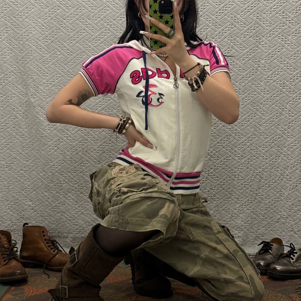 아디다스 Y2K 레트로 키치 핫핑크 반팔 후드집업 K0178
