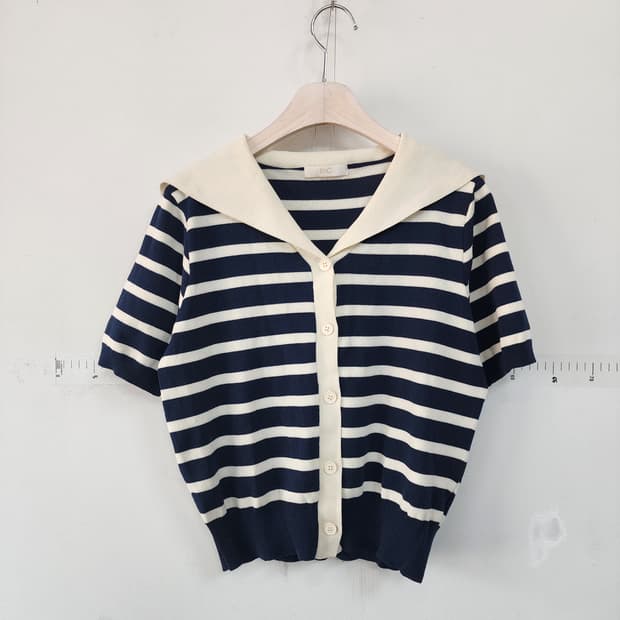 ENC 스트라이프 반팔 카라 니트 가디건