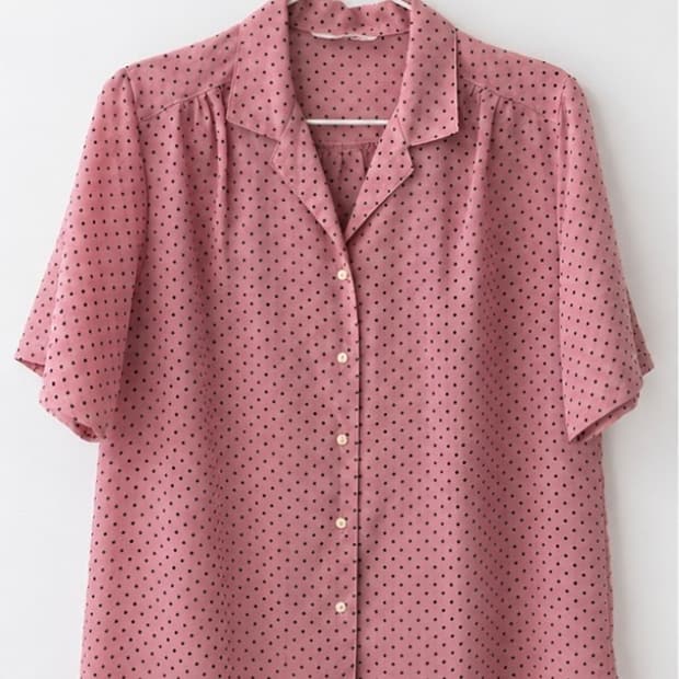 빈티지 핑크 셔츠 반팔티 도트 단추 블라우스