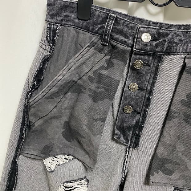 찢청 흑청 카모 아웃포켓 그런지 와이드 데님