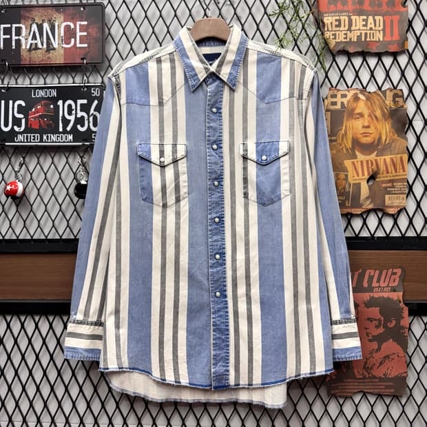 00s 랭글러 스트라이프 웨스턴 셔츠 전면 투포켓 포인트 블루 화이트