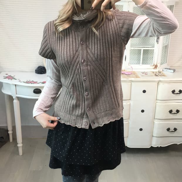 일본빈티지 핑크 브라운 울 크로셰 하프 니트 가디건