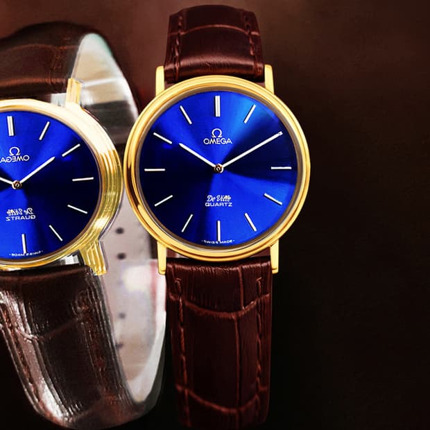 오메가 희귀 드빌 쿼츠 블루 다이얼 남녀공용 가죽 시계