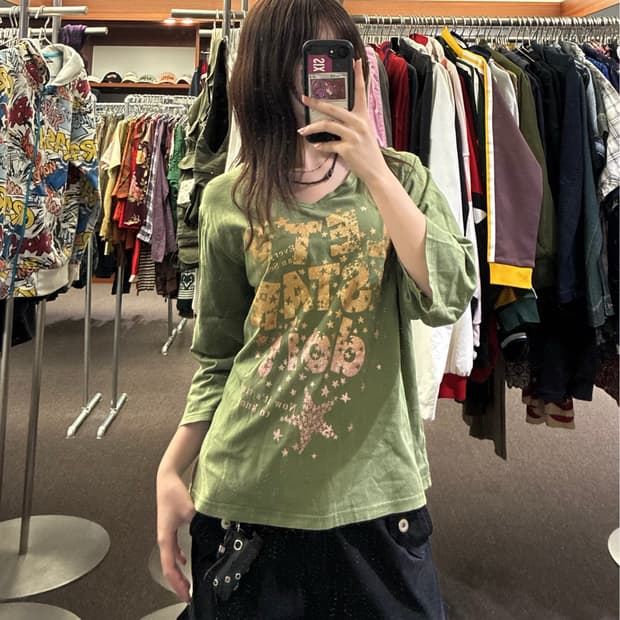 4L)Moderate Breeze 빈티지 여성 글리터 레터링 카키 7부
