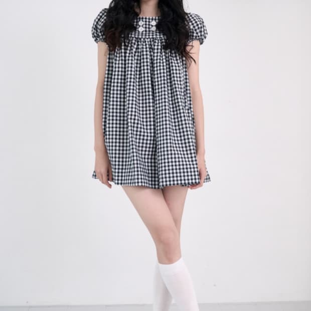 카나리 버튼 베이비돌 체크 원피스