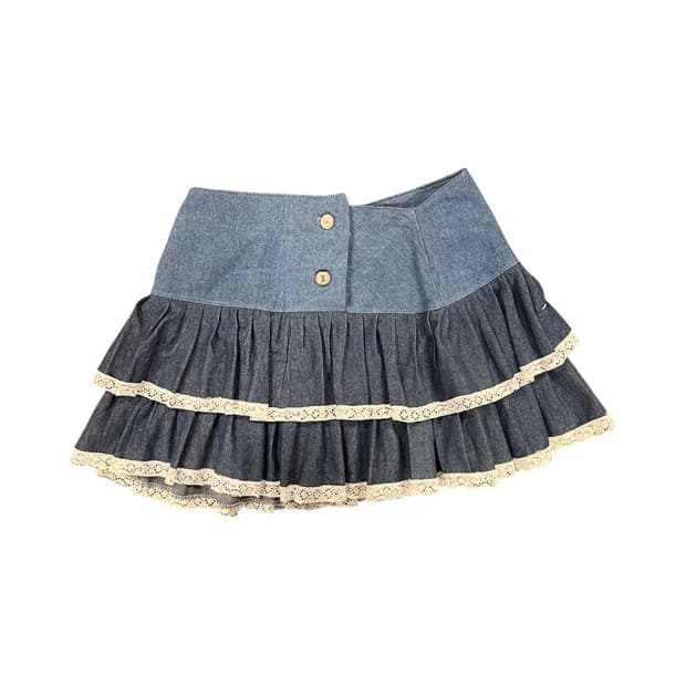 JPN 리워크 데님 레이스 캉캉 미니 스커트