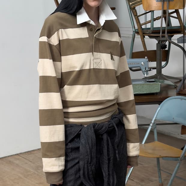 오픈와이와이 스트라이프 트림 럭비 셔츠 open yy