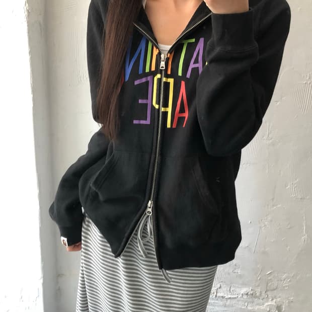 BAPE 베이프 블랙 레인보우 로고 투웨이 풀집업 후드