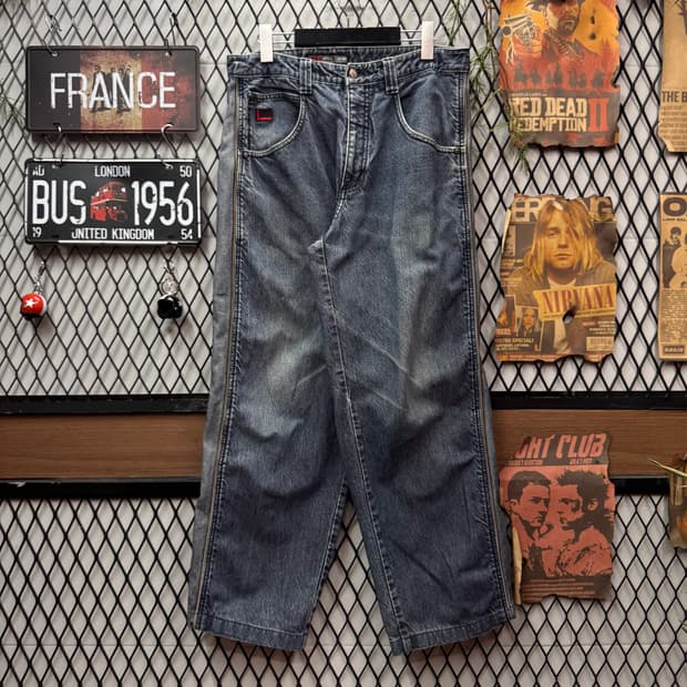 00s FUBU 배기 데님 팬츠 후면 포켓 레터링 포인트 중청