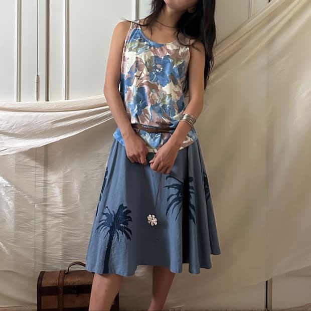 palm embroidery flare skirt