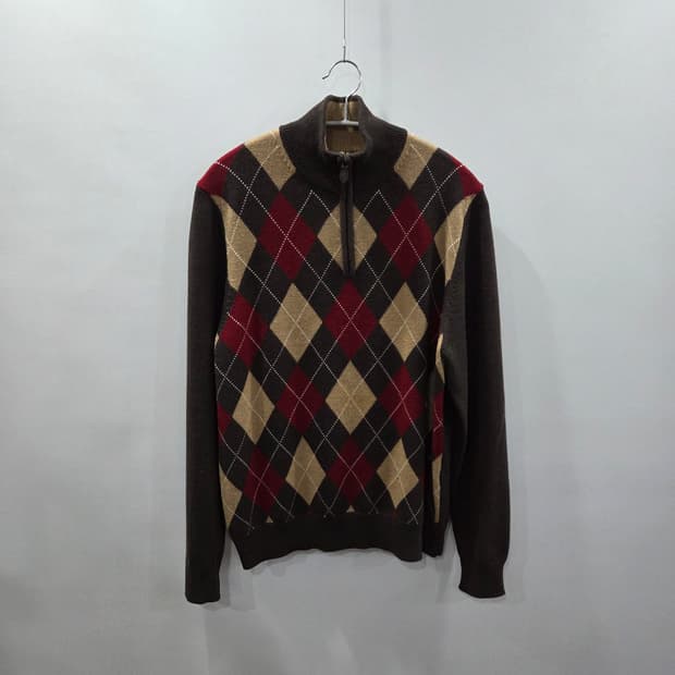 브룩스브라더스 메리노울 풀오버 하프집업 아가일 니트 S