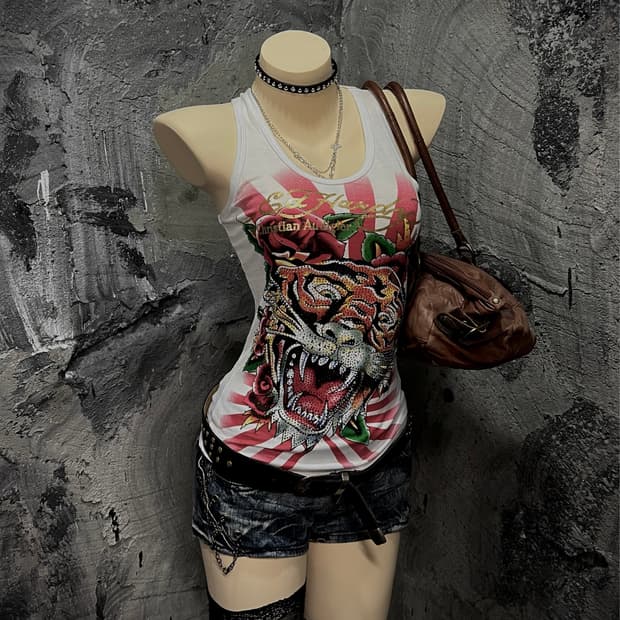 Ed Hardy 호랑이 로즈 프린팅 큐빅 백 시스루 화이트 슬리브리스