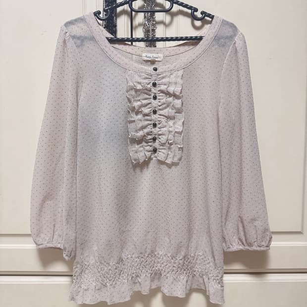 빈티지 모리걸 하구미 베이지 프릴 도트 블라우스