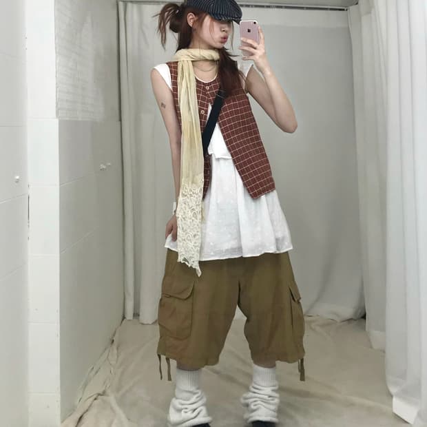 🍓 빈티지 레드 체크 캐주얼 하구미 코디 세트