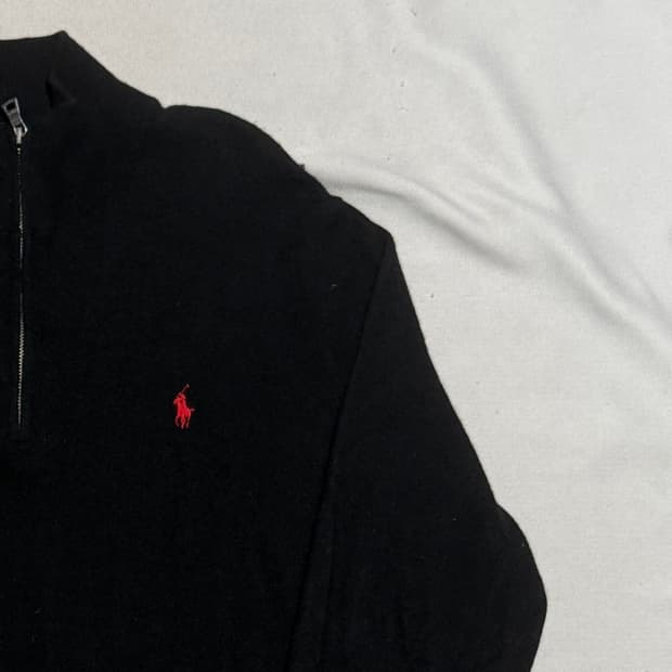 M 폴로랄프로렌 레드 포니 메리노 울 블랙 반집업 니트