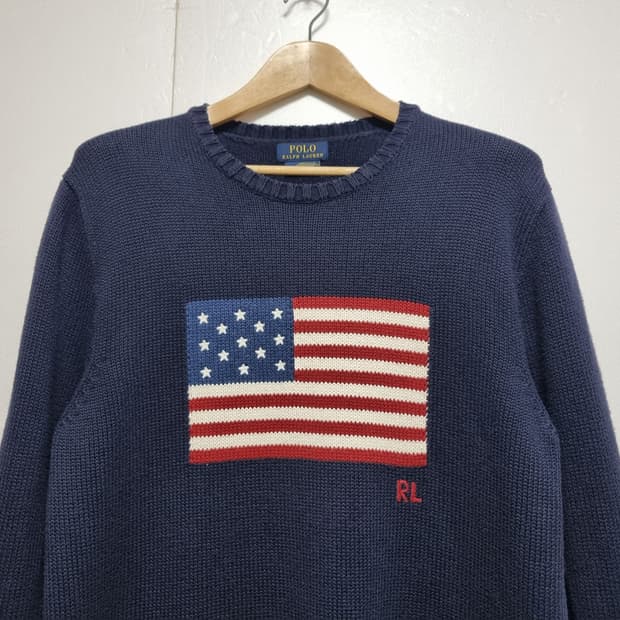 남성 레어 미국제조 폴로 POLO 빅 성조기 코튼 긴팔 니트 스웨터