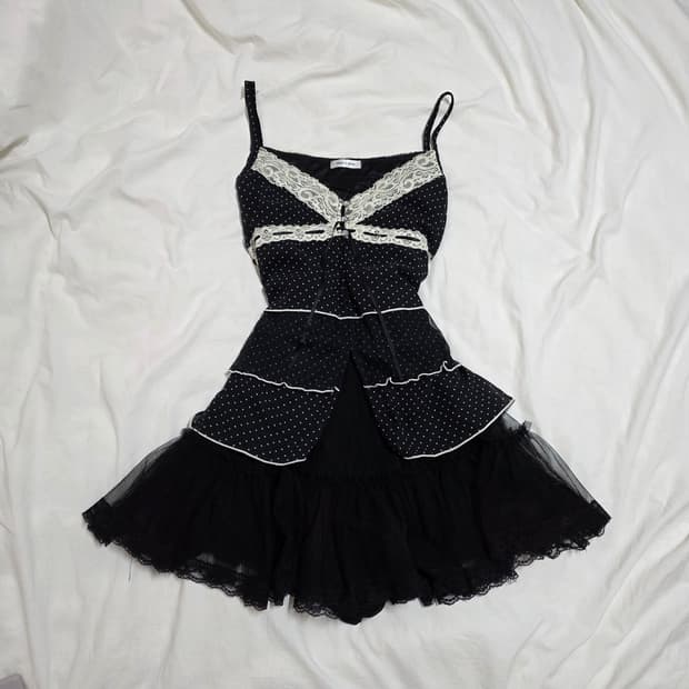 공겜여주 히메갸루 블랙 캉캉 도트 나시 스커트 가디건 세트 트랄라라깔