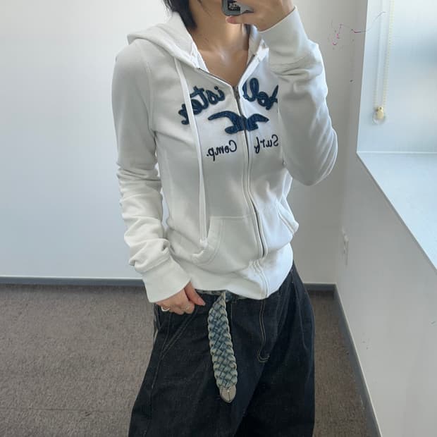 Hollister 홀리스터 네이비 레터링 로고 화이트 후드집업