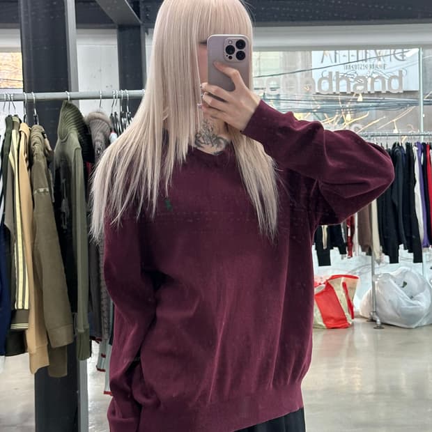 폴로 랄프로렌 파마코튼 브이넥 버건디 올리브자수 니트