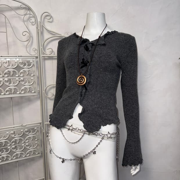 Charcoal ribbon slit crop knit