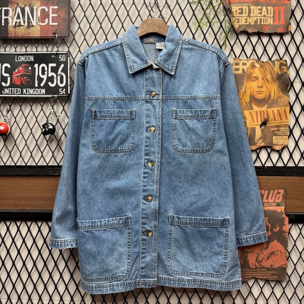 90s USA VINTAGE 데님 초어 코트 전면 4포켓 디테일 연청