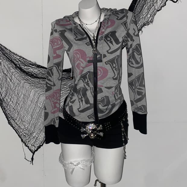 ꒰ঌ 펑크 고딕 레터링 그레이 후드집업 ໒꒱