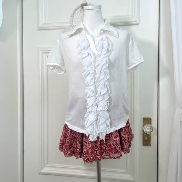 white ruffle cotton half shirt blouse