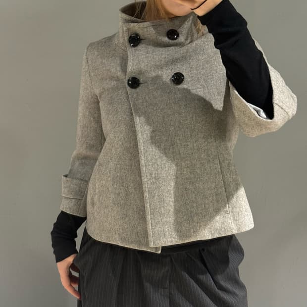 high-neck double button half coat