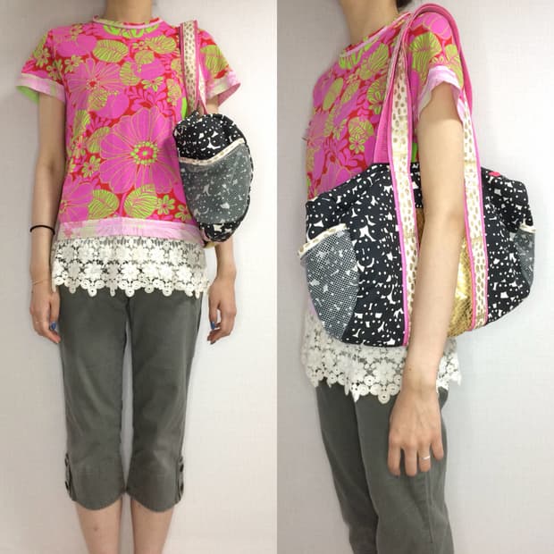 (착용컷) 트리콧꼼데가르송 플라워 티셔츠 + 츠모리치사토 숄더백