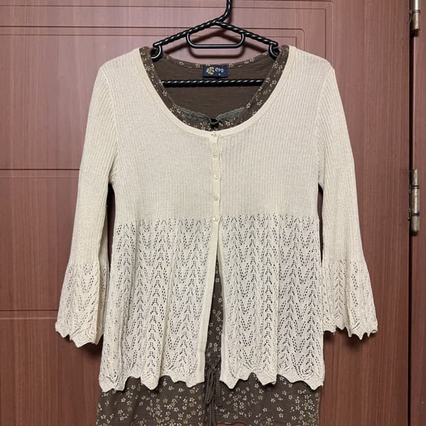 일본 빈티지 모리걸 하구미 잔꽃 반팔티셔츠 크로셰 가디건 세트