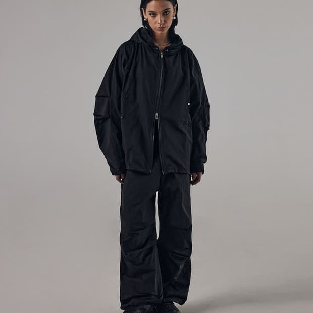 트리밍버드 라운드 리벳 나일론 셋업 후드집업 블랙