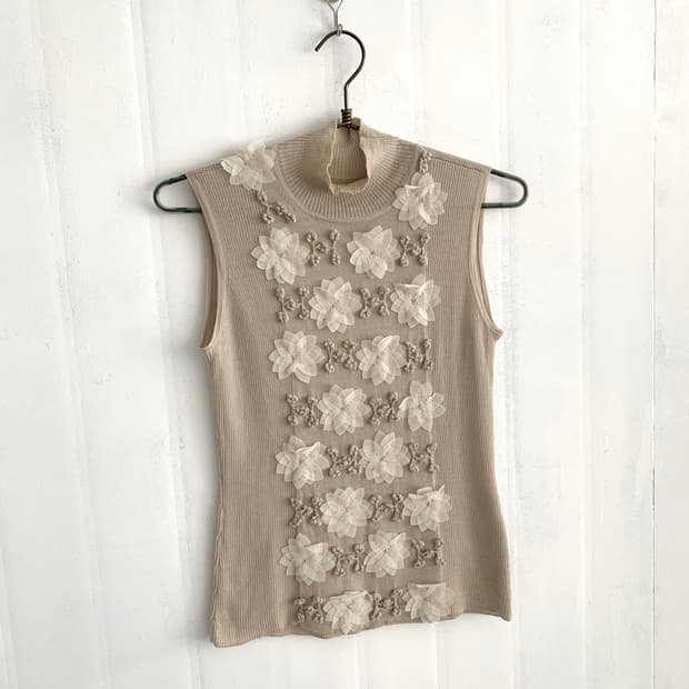 Beige Floral Turtleneck Sleeveless