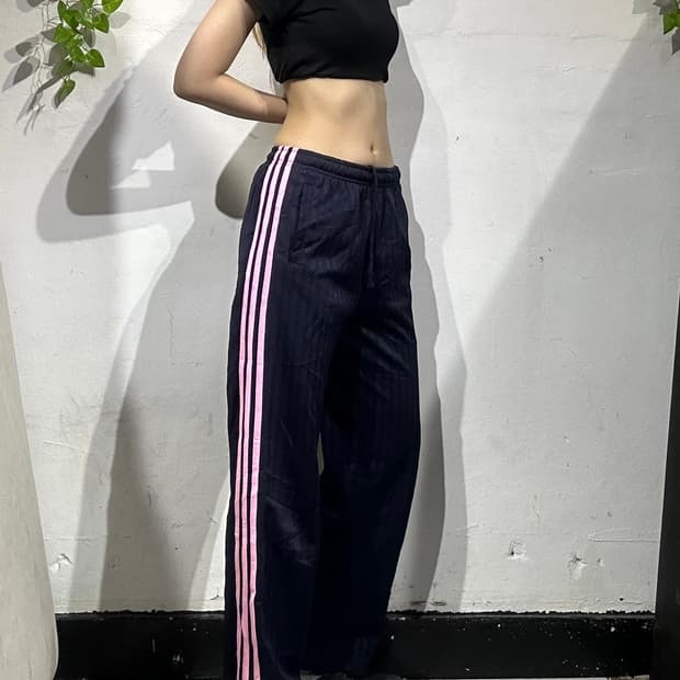 일본 빈티지 네이비 핑크 삼선 와이드 팬츠 XL