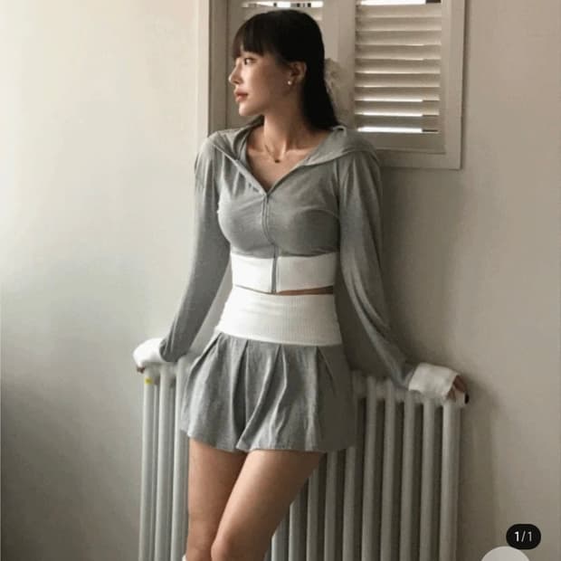 모디 크롭 배색 후드집업 세트