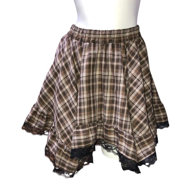 체크 레이스 밴딩 플레어 스커트 y2k