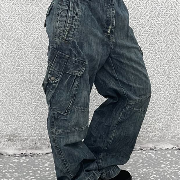 빈티지 아메카지 워싱 트러커 카고 데님팬츠 36인치 C09165