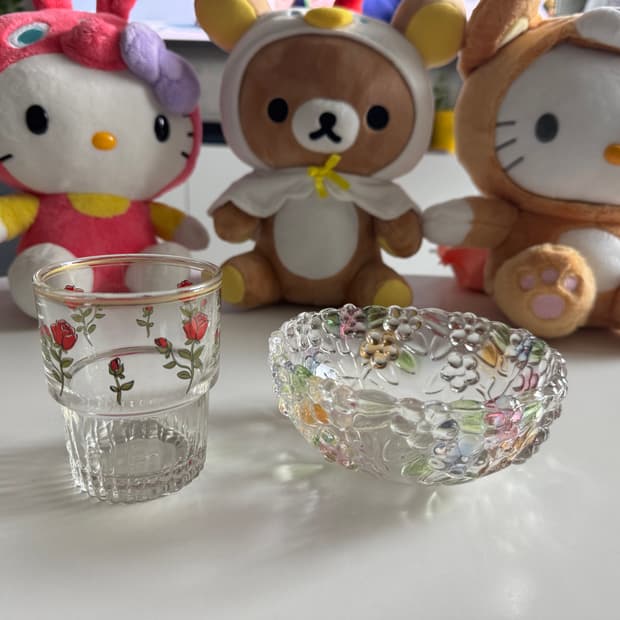 빈티지 레트로 컵 투명유리 장미 원형 물컵 1p