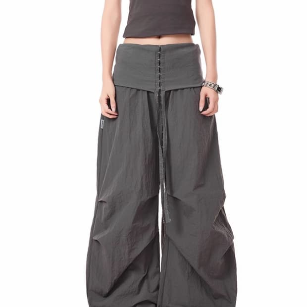 버클 조절 나일론 큐빅 디테일 와이드핏 팬츠