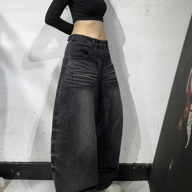 아이돈워너셀 흑청 캣 워싱 벌룬 팬츠 워싱 와이드 커브드 바지 L